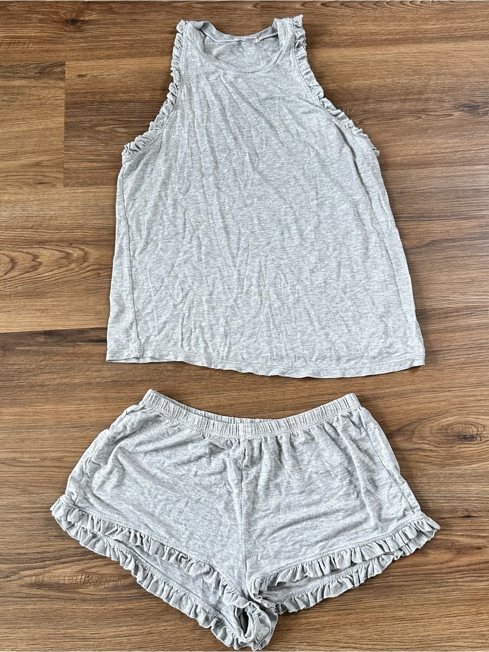 Eberjey Ruthie Caravan Gray Pajama Set Womens XS Sleeveless Ruffle Tank Shorts